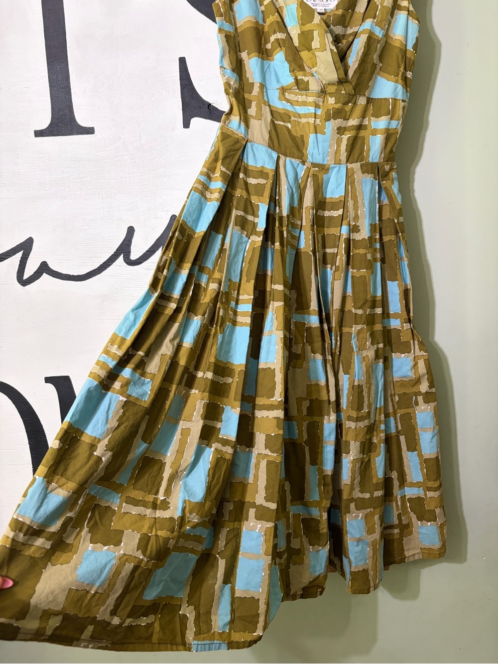Anthro Lazy Bones Olive & Sky Blue Patterned Sleeveless Dress - Picture 5 of 6